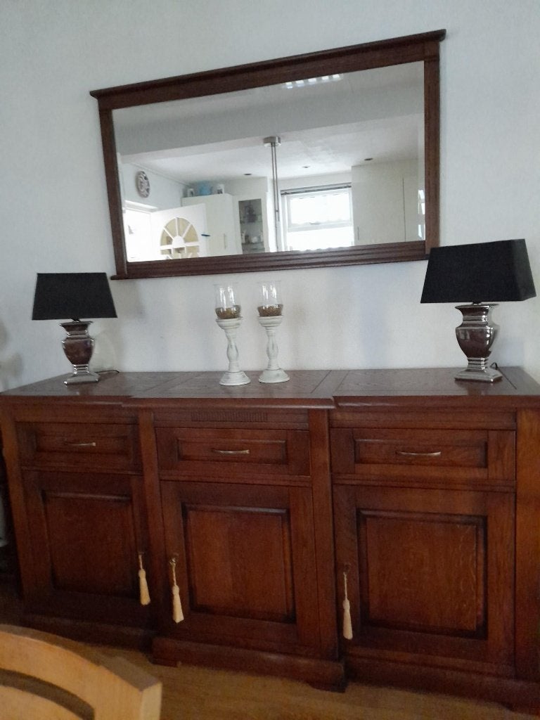 Dressoir + Spiegel, Ophalen, Met deur(en), Eikenhout, Zo goed als nieuw