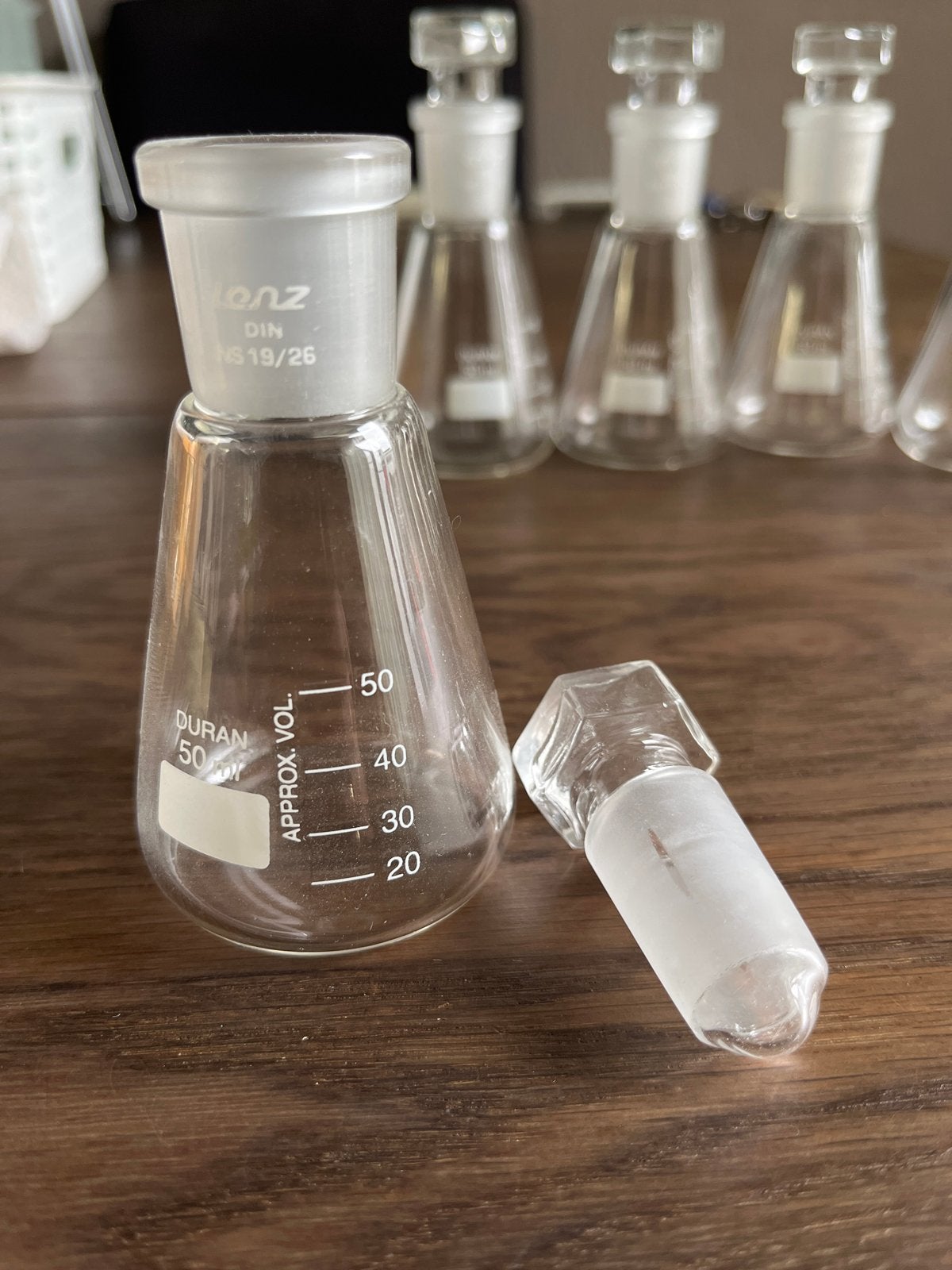 Set van 6 Erlenmeyer kolven met stop, 50 ml, Ophalen of Verzenden