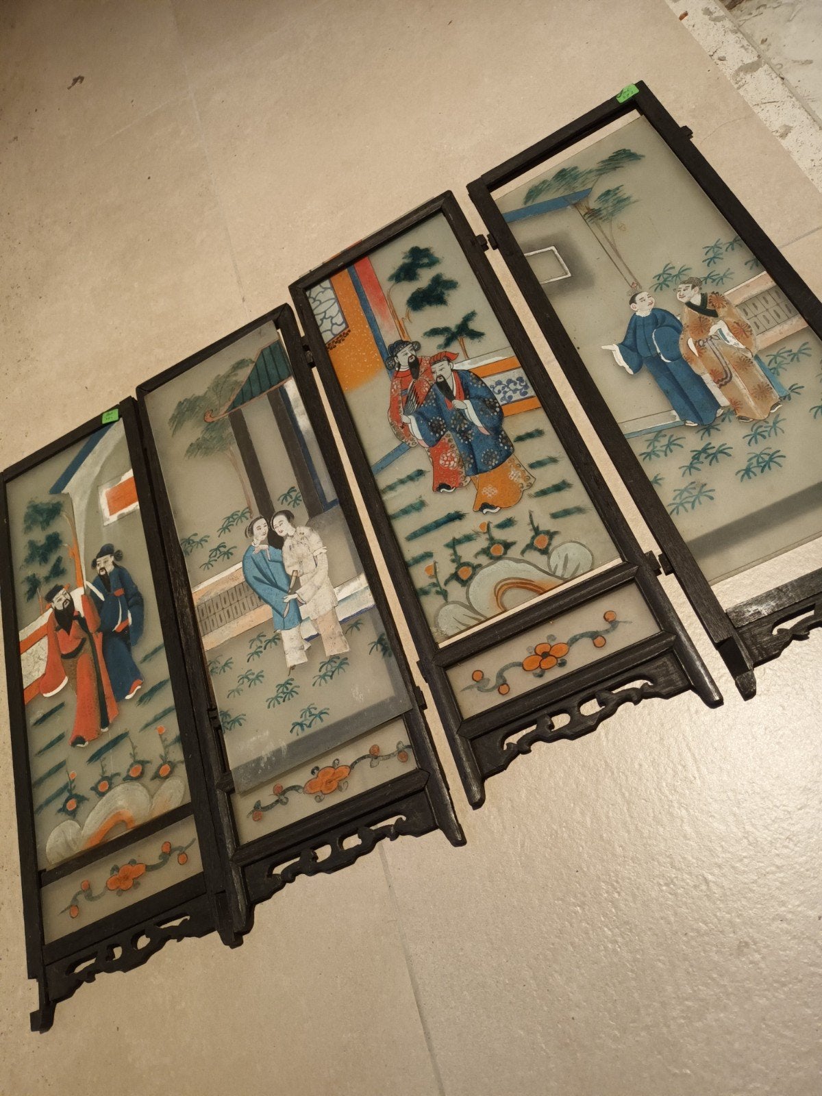 Antieke Chinese glazen panelen in houten frame, Wanddecoratie, Geschilderd, China, Meerkleurig