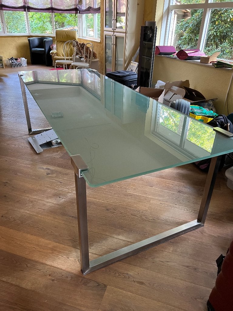 Unieke maatwerk eettafel | glas & RVS | 240 x 90 cm, Huis en Inrichting, Tafels | Eettafels, Ophalen, 200 cm of meer, 50 tot 100 cm