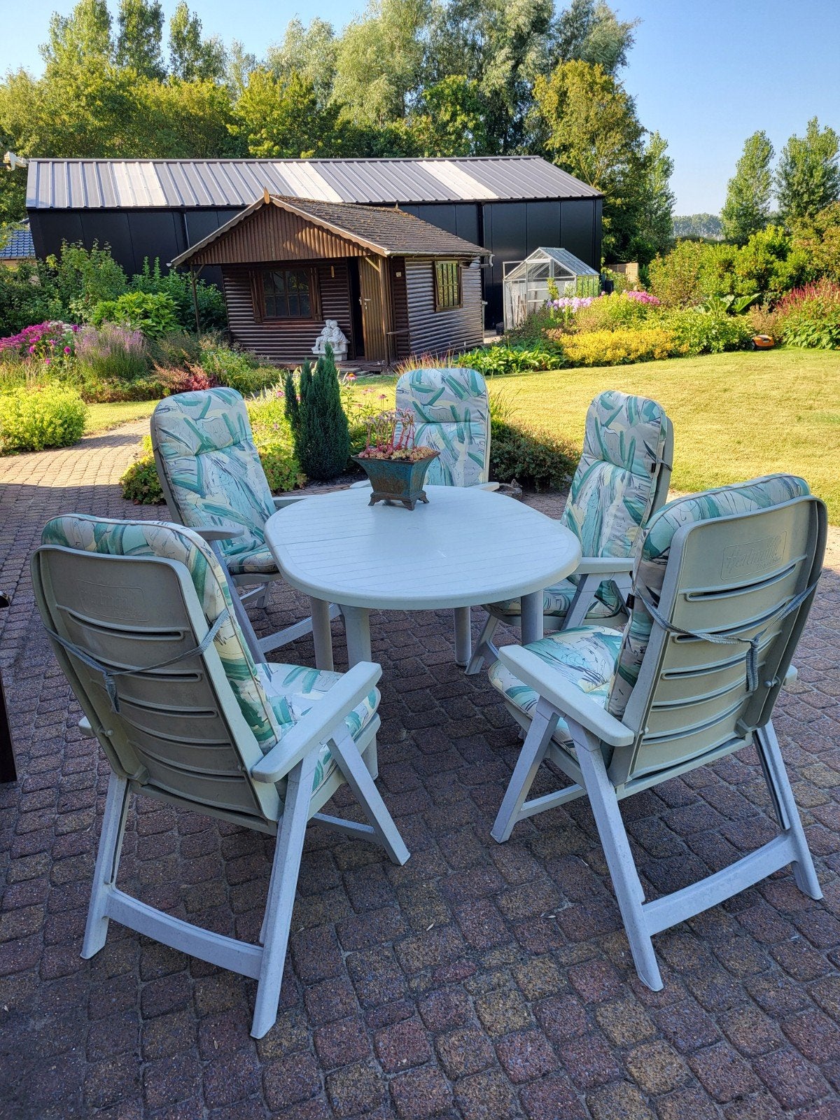 Tuinset van Hartman, 5 stoelen inclusief kussens en tafel, Ophalen, 5 zitplaatsen, Kunststof, Gebruikt