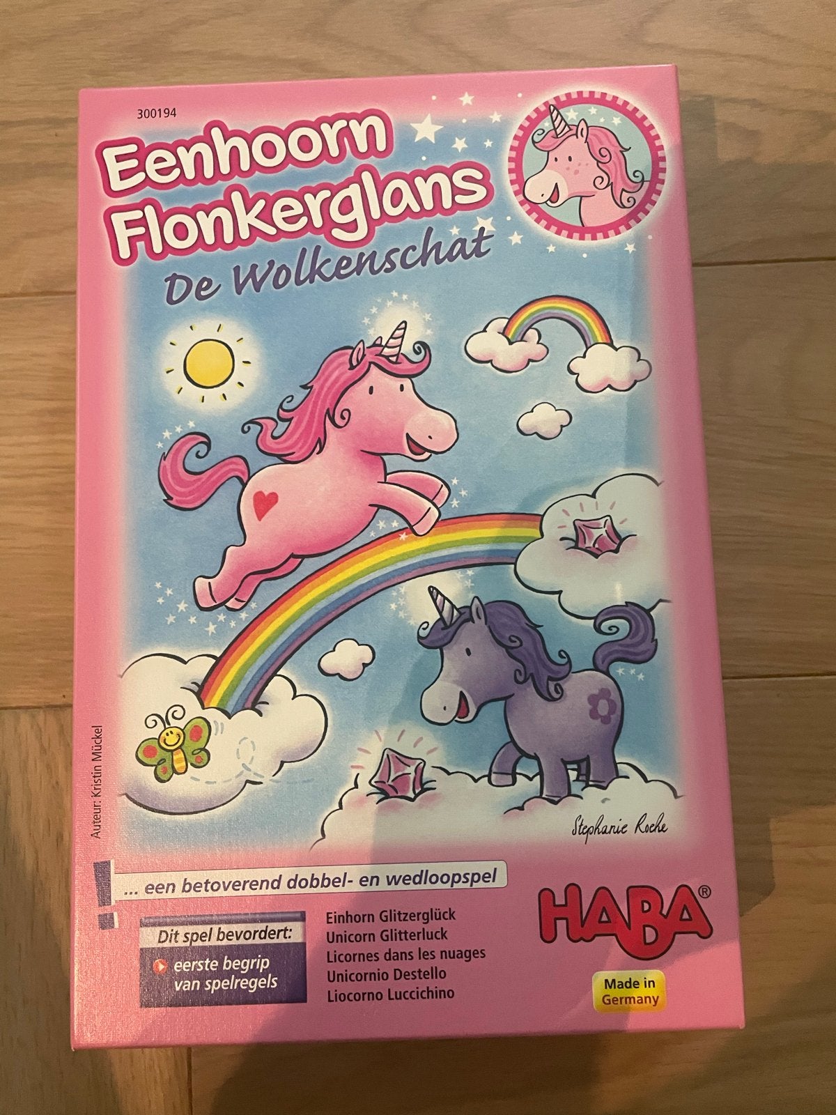 HABA Eenhoorn Flonkerglans De Wolkenschatz dobbelspel, Drie of vier spelers, Ophalen of Verzenden, Gebruikt