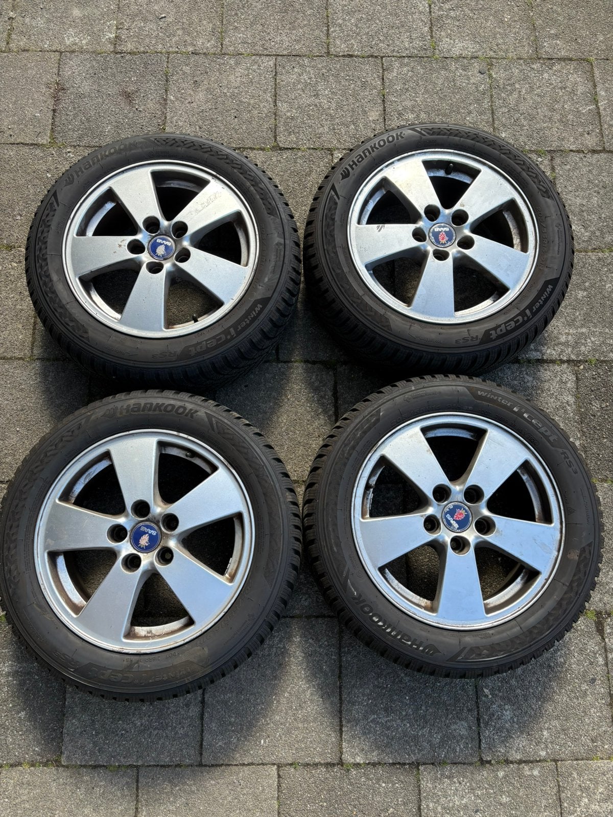 Saab Alu 37 velgen met Hankook winterbanden (2024), Ophalen, Gebruikt, 16 inch, Banden en Velgen