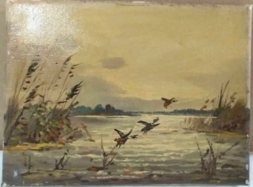Klein oud olieverf op doek, opvliegende eenden, Nederlandse school, Doek, Ophalen of Verzenden, Landschap