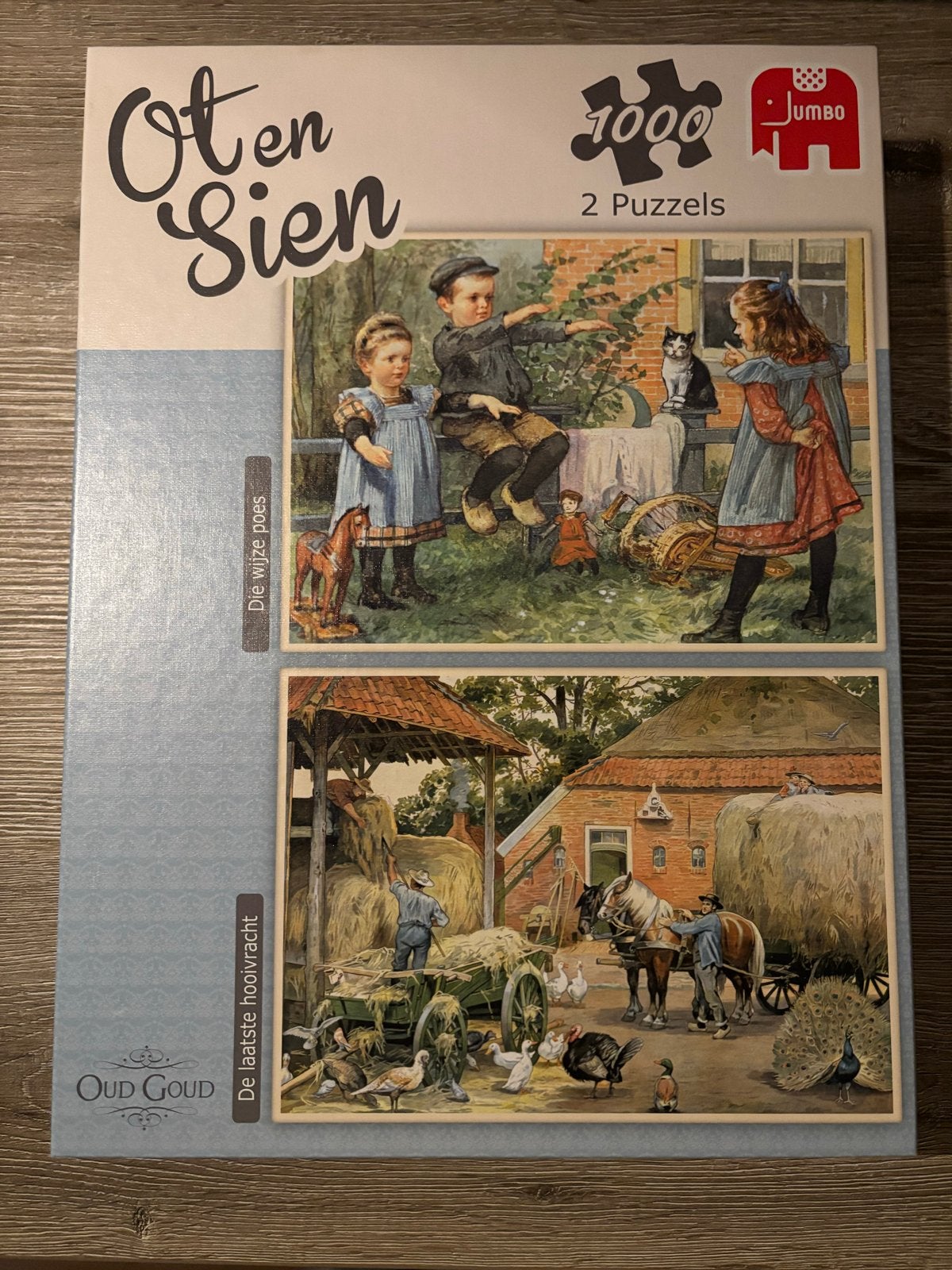 Jumbo Oud Goud Ot en Sien Legpuzzel 2x1000 stukjes, Hobby en Vrije tijd, Ophalen of Verzenden, 500 t/m 1500 stukjes, Gebruikt