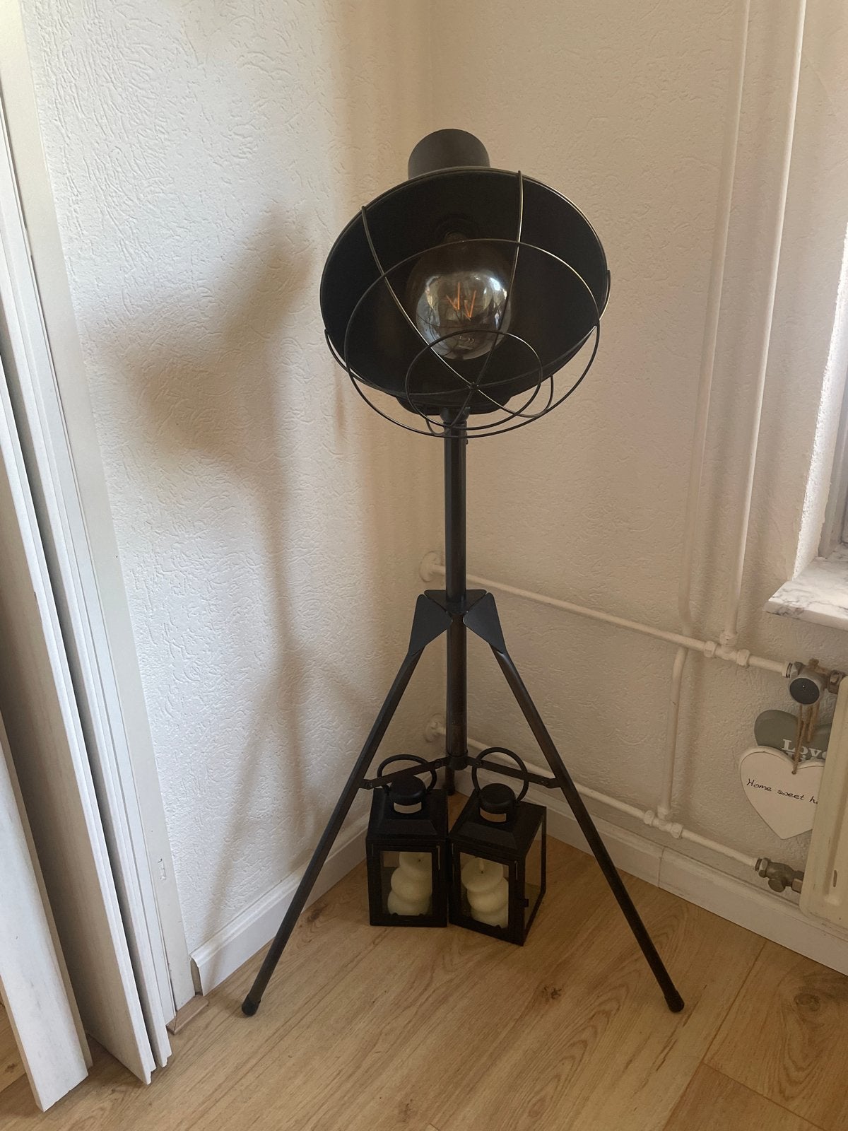 Industriële vloerlamp met driepoot - Zwart metaal, Ophalen, E27 (groot), Zo goed als nieuw, Metaal