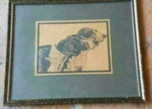 Prachtige Houtsnede 2 jacht honden in oude lijst., Ophalen