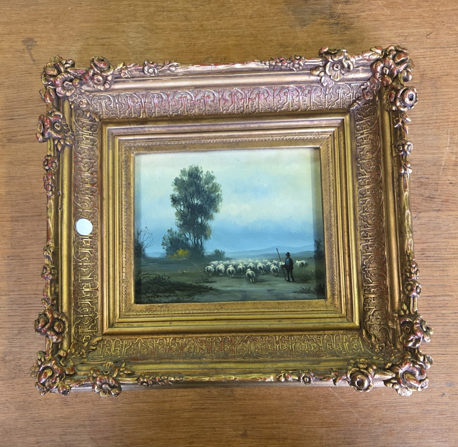 landschap op houten paneel schapen HM Voerman, Ophalen of Verzenden, Landschap