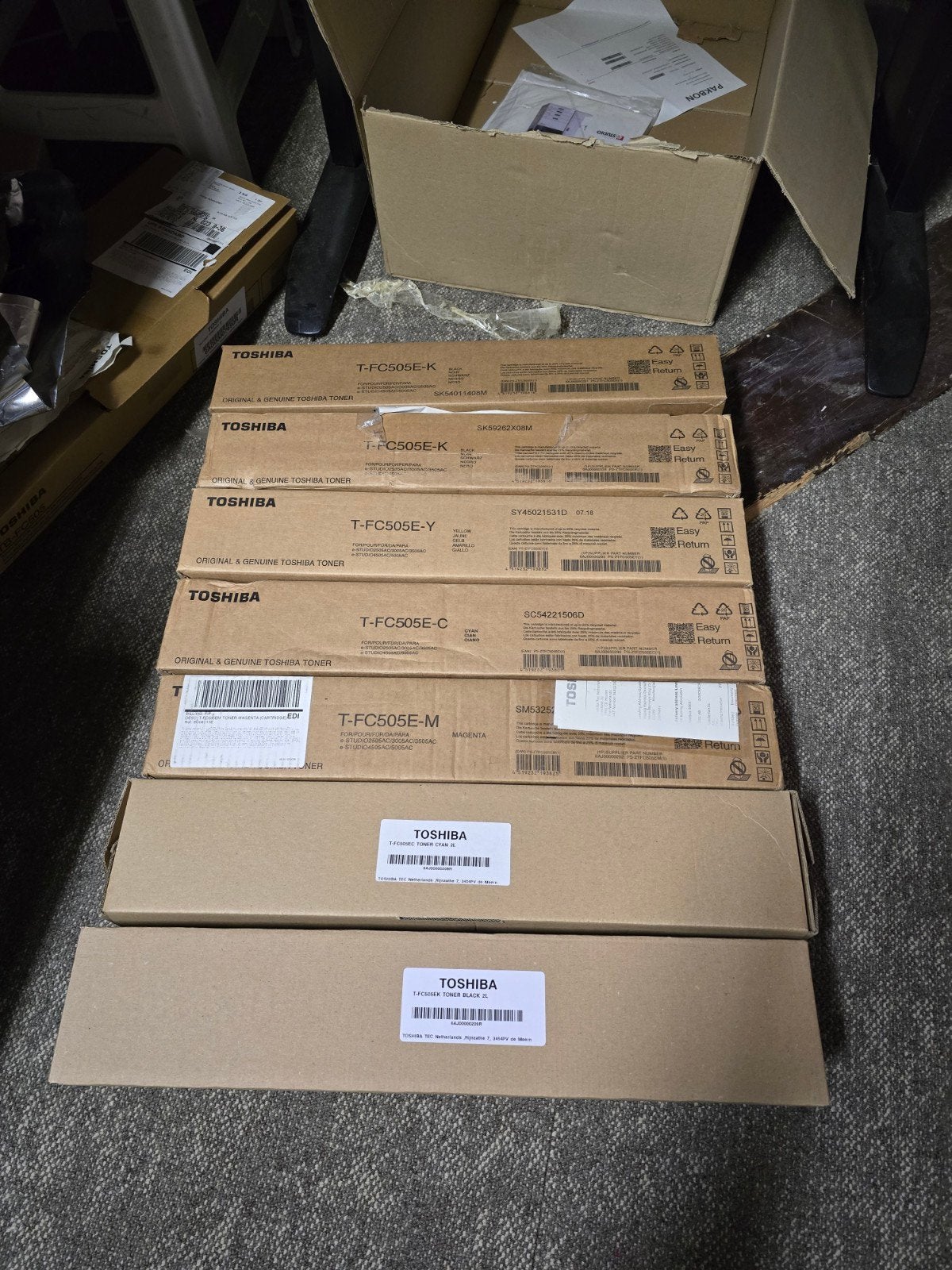 7 stuks Toshiba T-FC505E Toner Cartridges (K, C, M, Y) - Nie, Ophalen of Verzenden, Nieuw, Toner, Toshiba