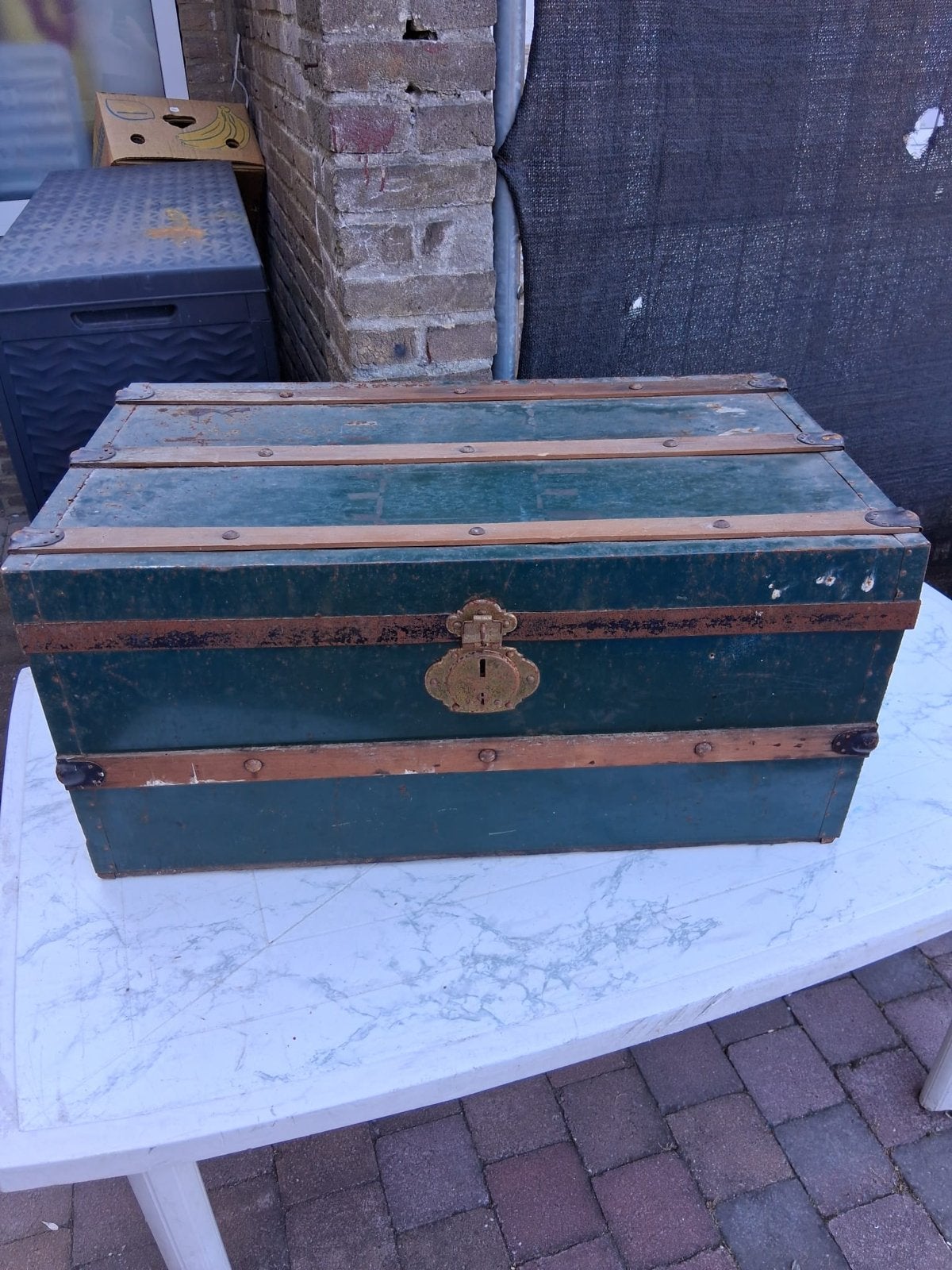 Antieke Dekenkist / Reiskoffer - Groen Hout met Metaal, Ophalen, Gebruikt, 50 tot 100 cm, 5 – 50