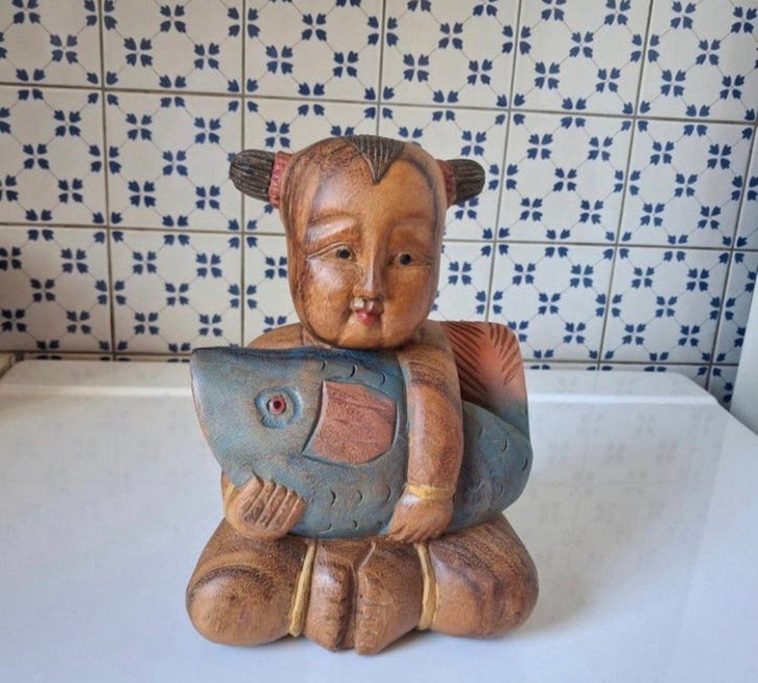 Vintage Chinees Houten Beeld - Gelukskind - 22 cm, Ophalen of Verzenden, Nieuw, Mens