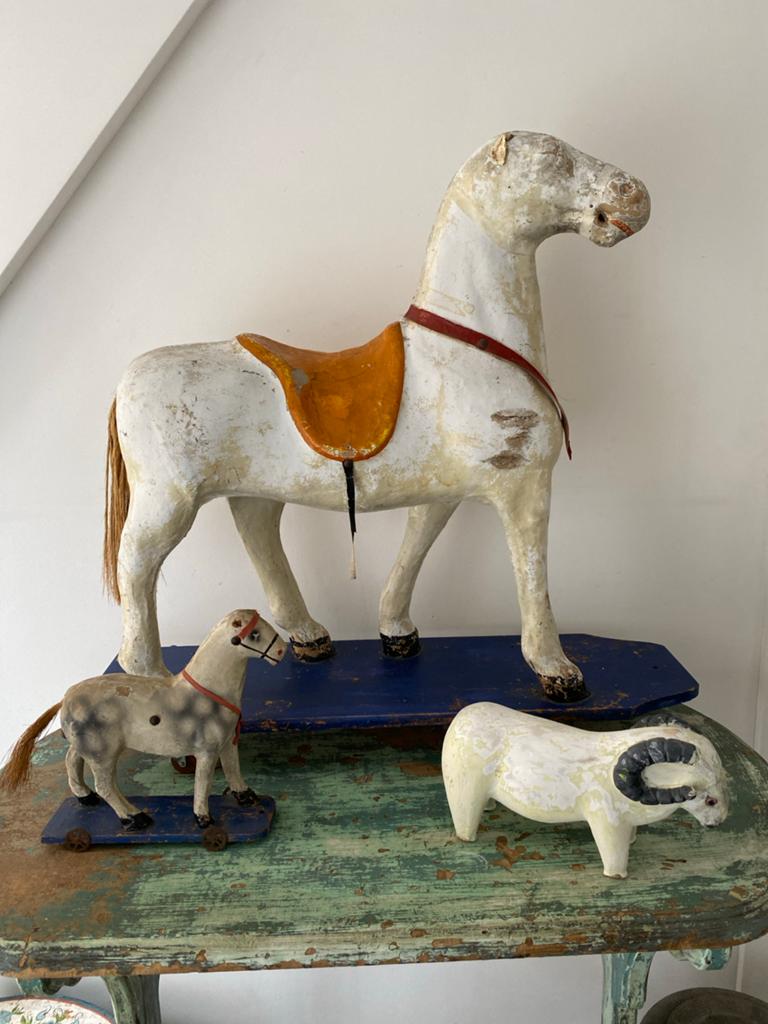 Antiek Frans papier-maché paard op wielen, 72x69 cm, Antiek en Kunst, Ophalen of Verzenden