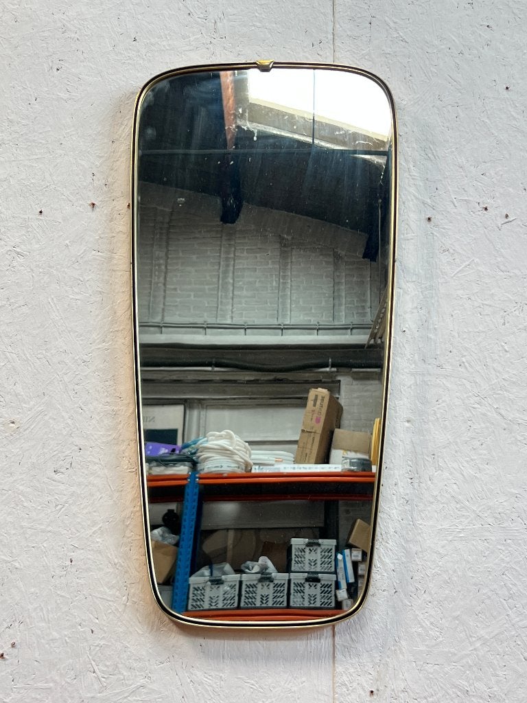 Vintage spiegel met messing gouden lijst, Antiek en Kunst, Ophalen of Verzenden, Overige vormen, Minder dan 50 cm, Minder dan 100 cm
