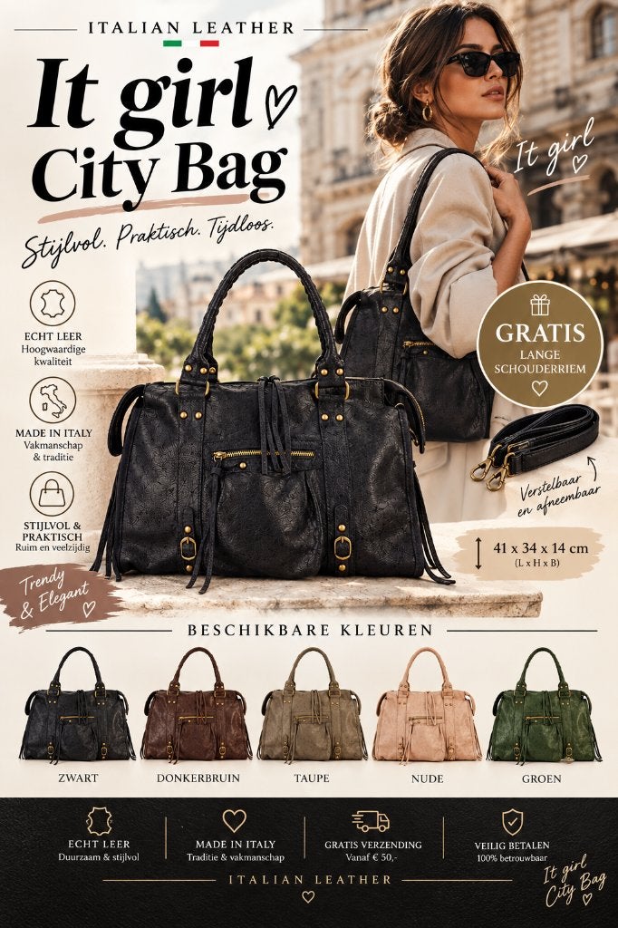 Damestas, leren tas It Girl, City Bag Large nieuwe kleuren., Ophalen of Verzenden, Nieuw, Overige kleuren, Handtas