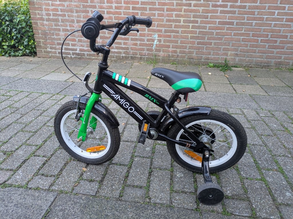 Zwartgroene amigo kinderfiets met zijwieltjes, Ophalen, Terugtraprem, Zijwieltjes, Gebruikt