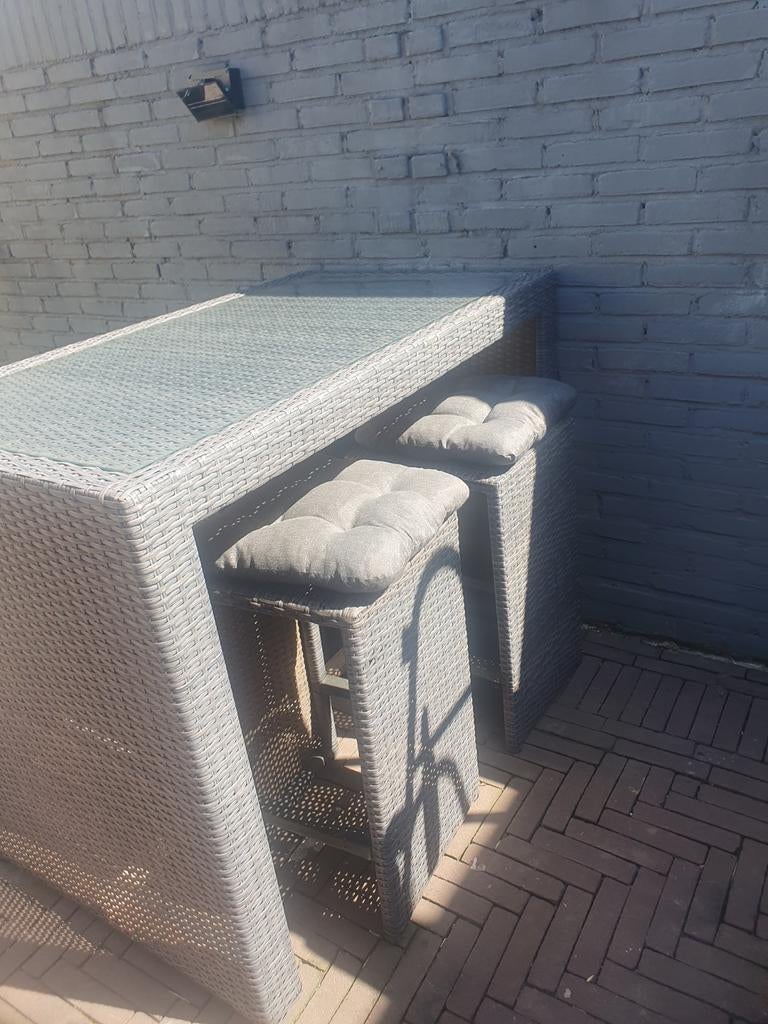 Tuinbar met krukken, Ophalen of Verzenden, Gebruikt, Rechthoekig, Wicker