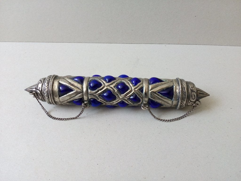 Vintage bode/message koker. Zilvermetaal/Blauw glas, Ophalen of Verzenden