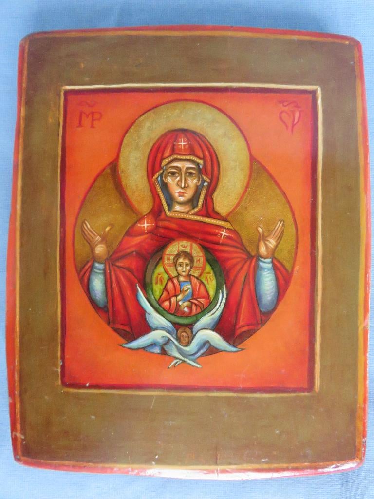 Oud Icoon in hout – maagd Maria en Jezus kind - 20e eeuw, Ophalen of Verzenden