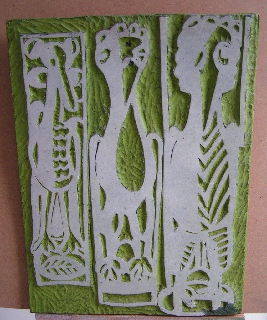 Hubert Bekman (NHS) Linoleum snede 3 figuren sculptuur 1969, Ophalen of Verzenden