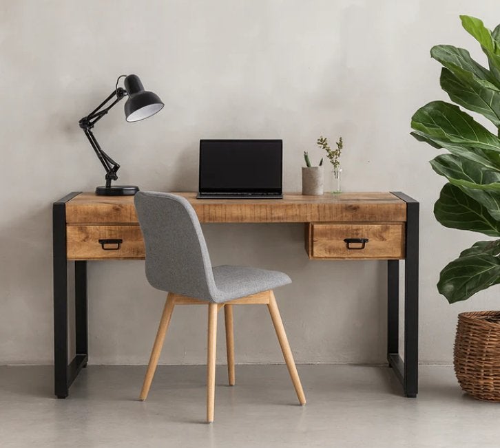 Industrieel bureau met 2 lades, Mango hout + staal., 150 cm, Nieuw, Ophalen of Verzenden, Industrieel