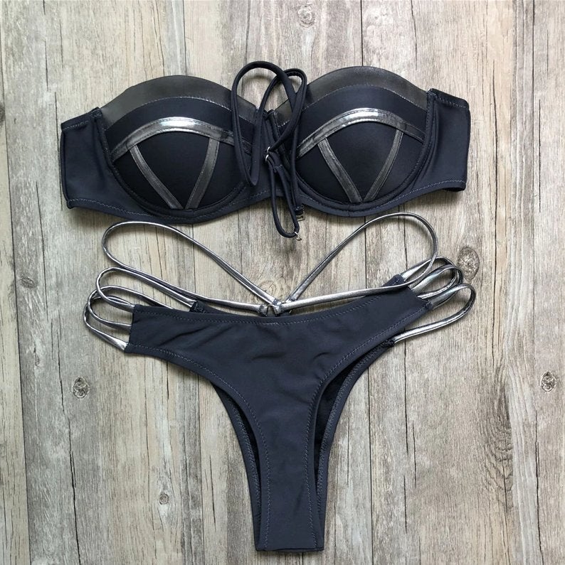 Zwarte zilveren push up string bikini dames vrouwen, Verzenden, Nieuw, Meerkleurig, Bikini