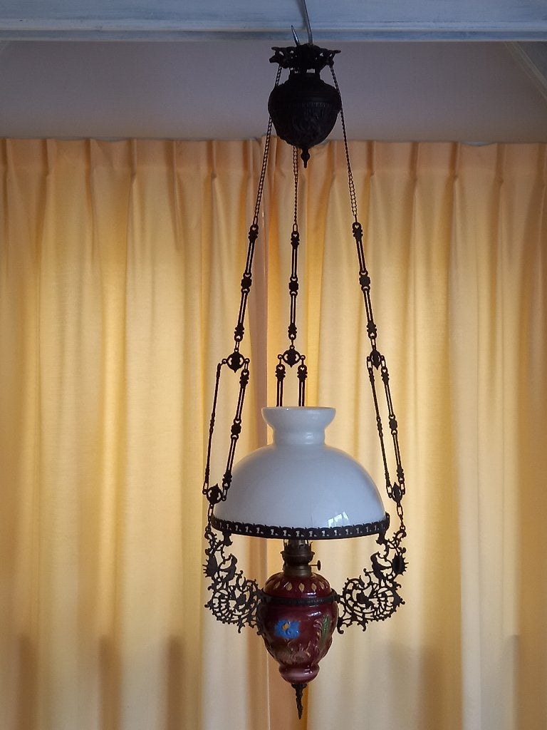 Oude olielamp met mooi siermetaal, Antiek en Kunst, Ophalen