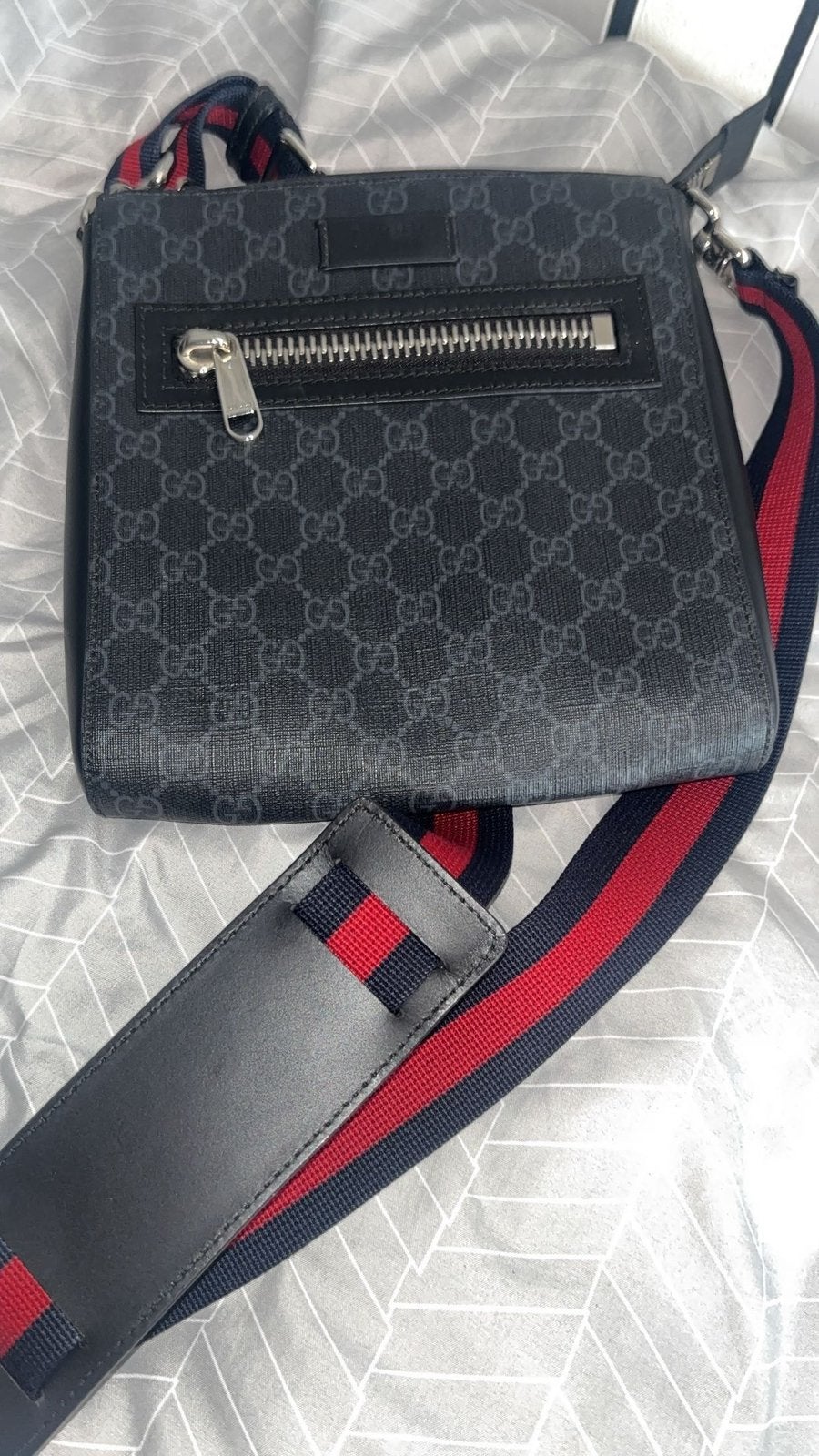 ORIGINEEL Gucci GG Supreme Messenger Tas Zwart met Webband, Overige merken, Gebruikt, Zwart, Ophalen of Verzenden