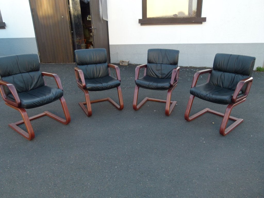 vintage stoel freischwinger leder set van 4, Huis en Inrichting, Ophalen, Zwart, Vintage, Hout