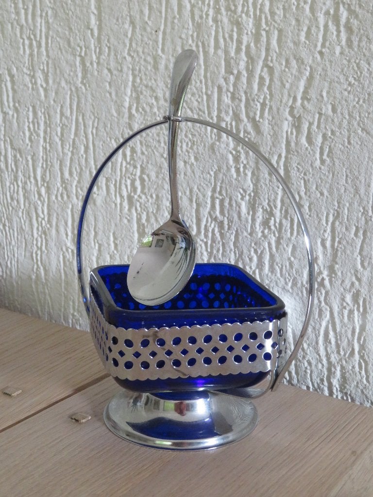 Suikerpot Jampot verchroomd + blauw glas + lepel Vintage, Overige typen, Ophalen of Verzenden, Overige stijlen, Glas