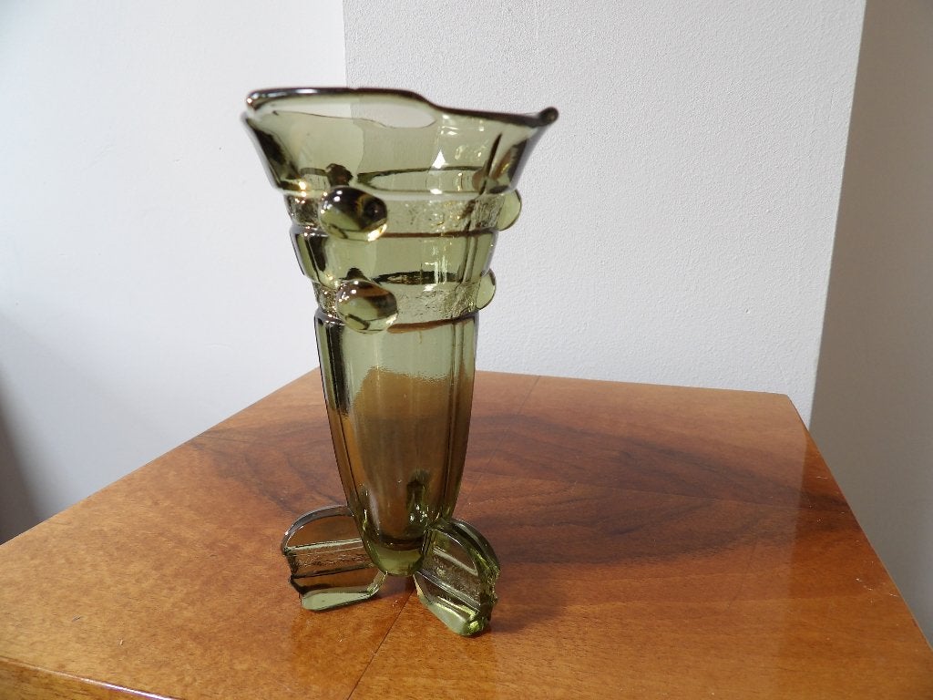 Art Deco Vaasje Boheems Stolze - Groen glas