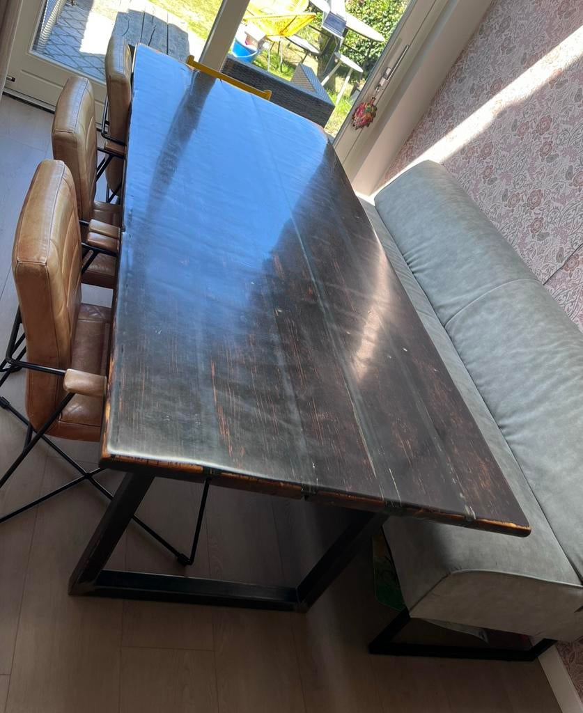 Unieke eettafel van oude scheepsluiken – 240 cm, Ophalen, Gebruikt, Overige materialen, 100 tot 150 cm