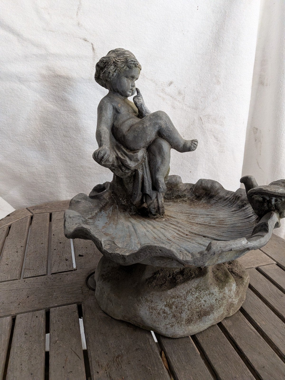 Antiek Massief Loden Vogelbad met Cherubijn / Putto 19e eeuw, Tuin en Terras, Ophalen of Verzenden, Nvt, Nvt, Nvt