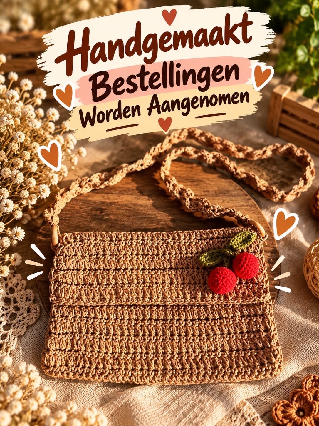 Handgemaakte gehaakte tas met kersen decoratie, Minder dan 80 cm, Nieuw, Heupriem, Ophalen of Verzenden