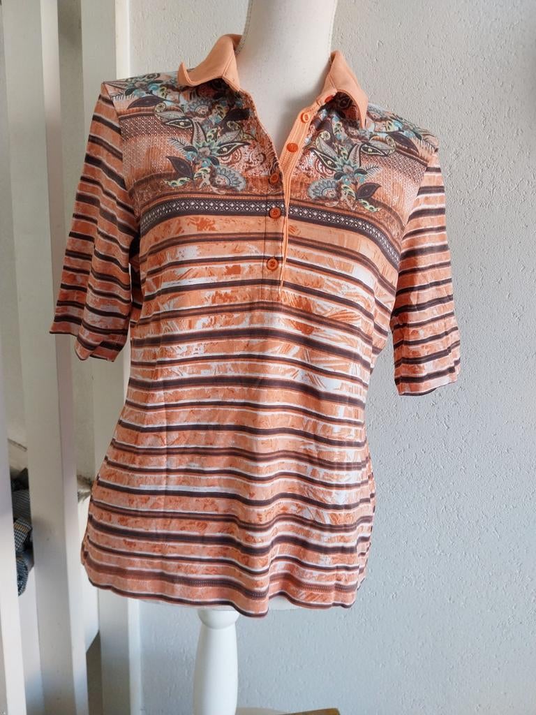 Oranje gestreept poloshirt met bloemenprint maat M/L, Maat 38/40 (M), Oranje, Ophalen of Verzenden, Korte mouw