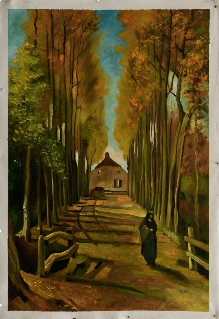 Olieverf replica Van Gogh: Populierenlaan in de herfst, Impressionistisch, Handgeschilderd, Olieverf, Stads- / dorpsgezicht