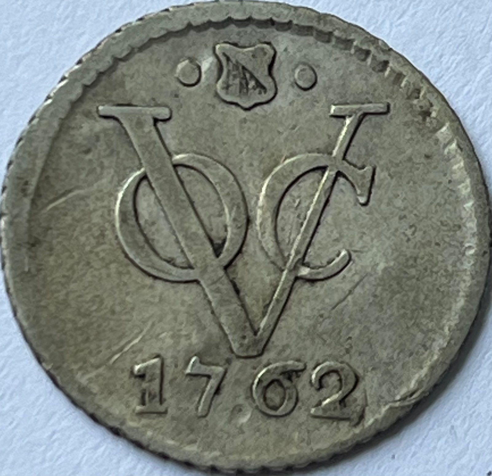 VOC Utrecht schaarse zilveren afslag 1/2e duit 1762, Vóór koninkrijk, Zilver, Losse munt, Overige waardes