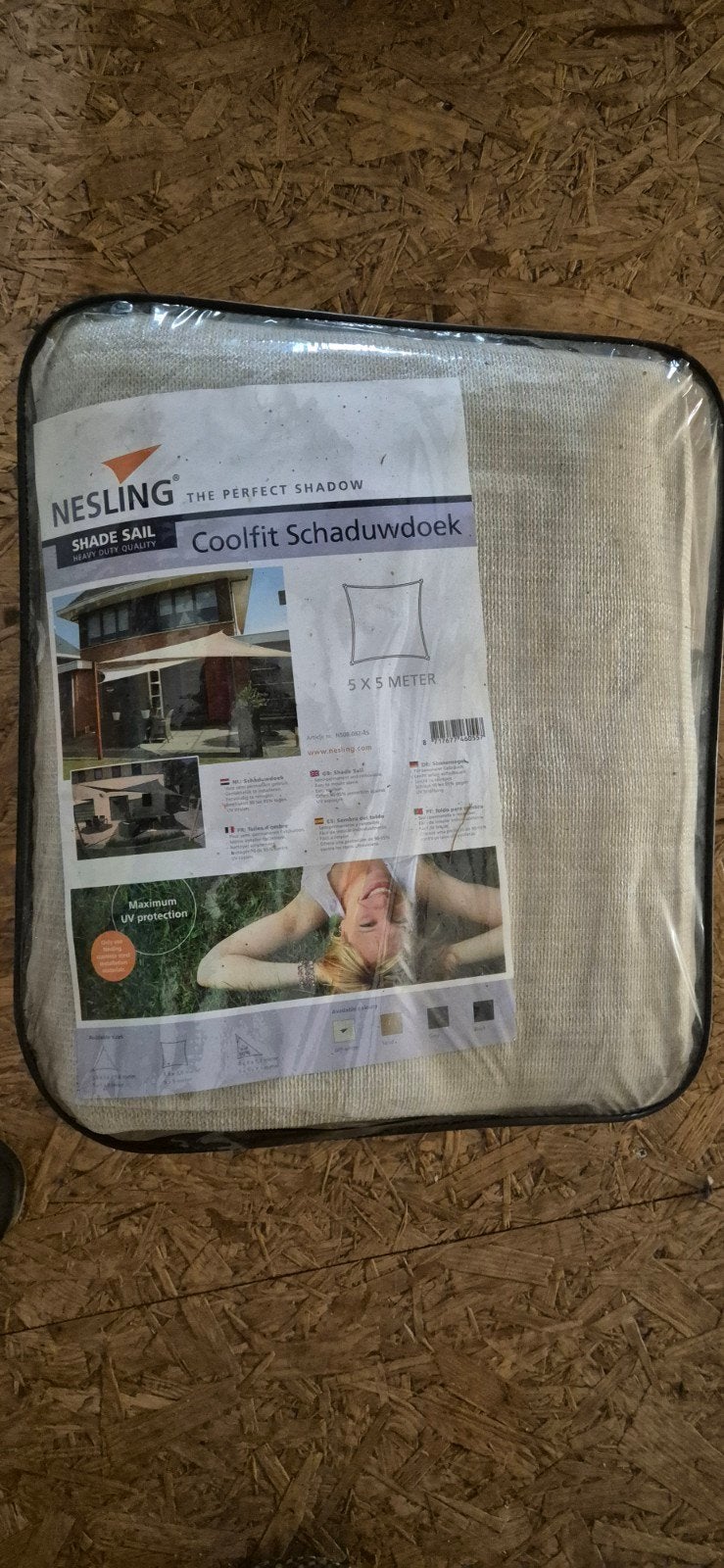 NESLING Schaduwdoek 5x5mtr met RVS haken, Ophalen, Zo goed als nieuw