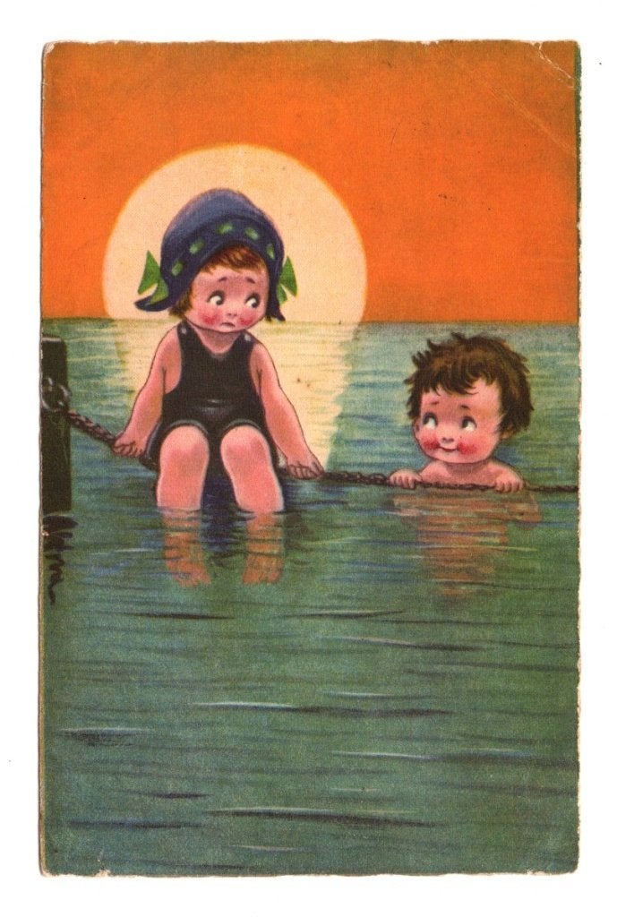 Oude Ansichtkaart Kinderen Zee Ketting Zonsondergang, Ophalen of Verzenden, 1920 tot 1940, Gelopen, Kinderen