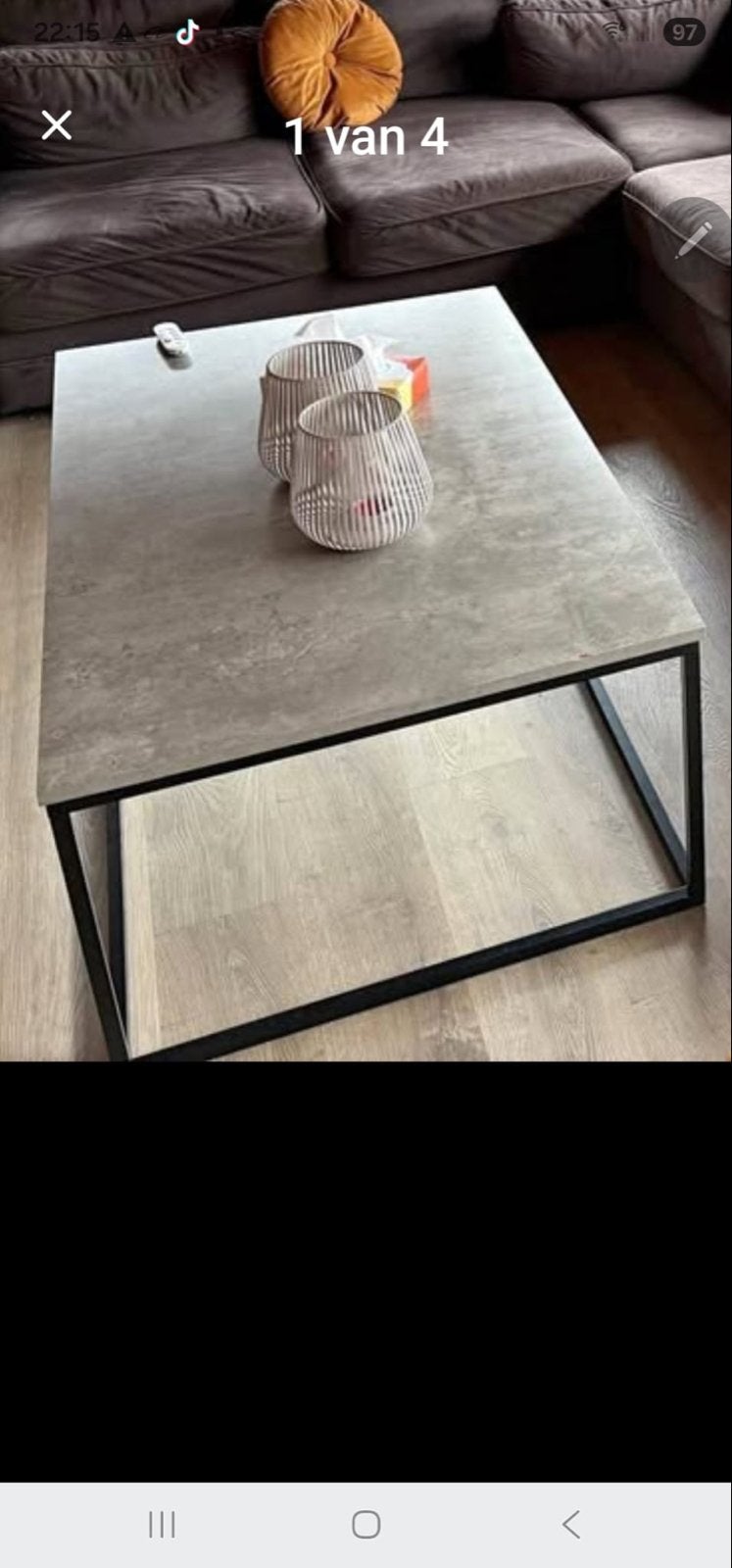 Moderne grijze salontafel met metalen onderstel, Huis en Inrichting, Gebruikt, 100 tot 150 cm, Metaal, 50 tot 100 cm