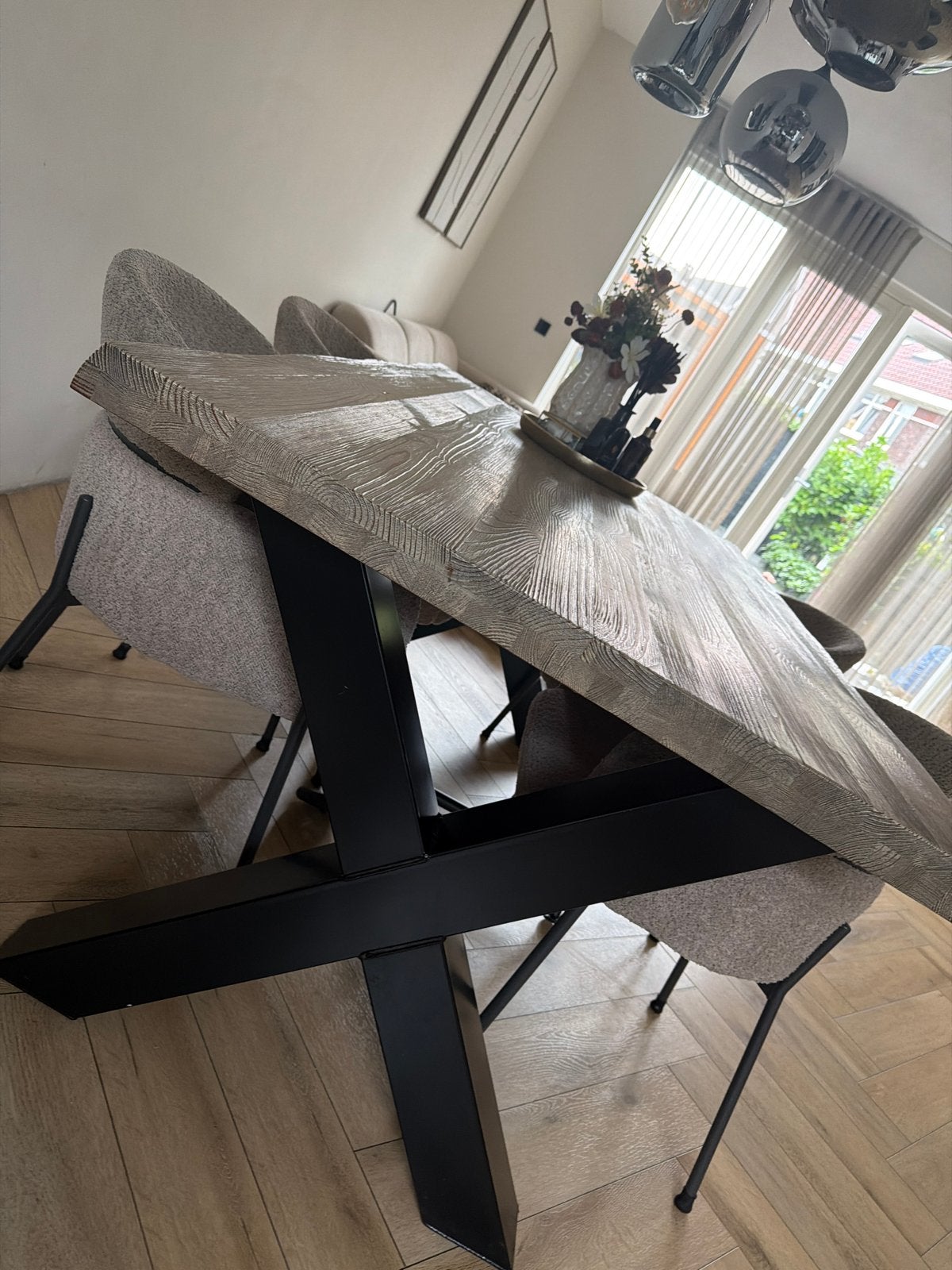 Boomstamtafel 1.80m met stalen poten - Haco Wonen, Ophalen, Gebruikt, 50 tot 100 cm, 150 tot 200 cm
