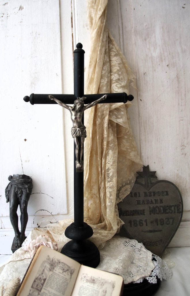 Oud altaarkruis zwart ebbenhout  Jezus Christus 'PiFrance', Ophalen of Verzenden