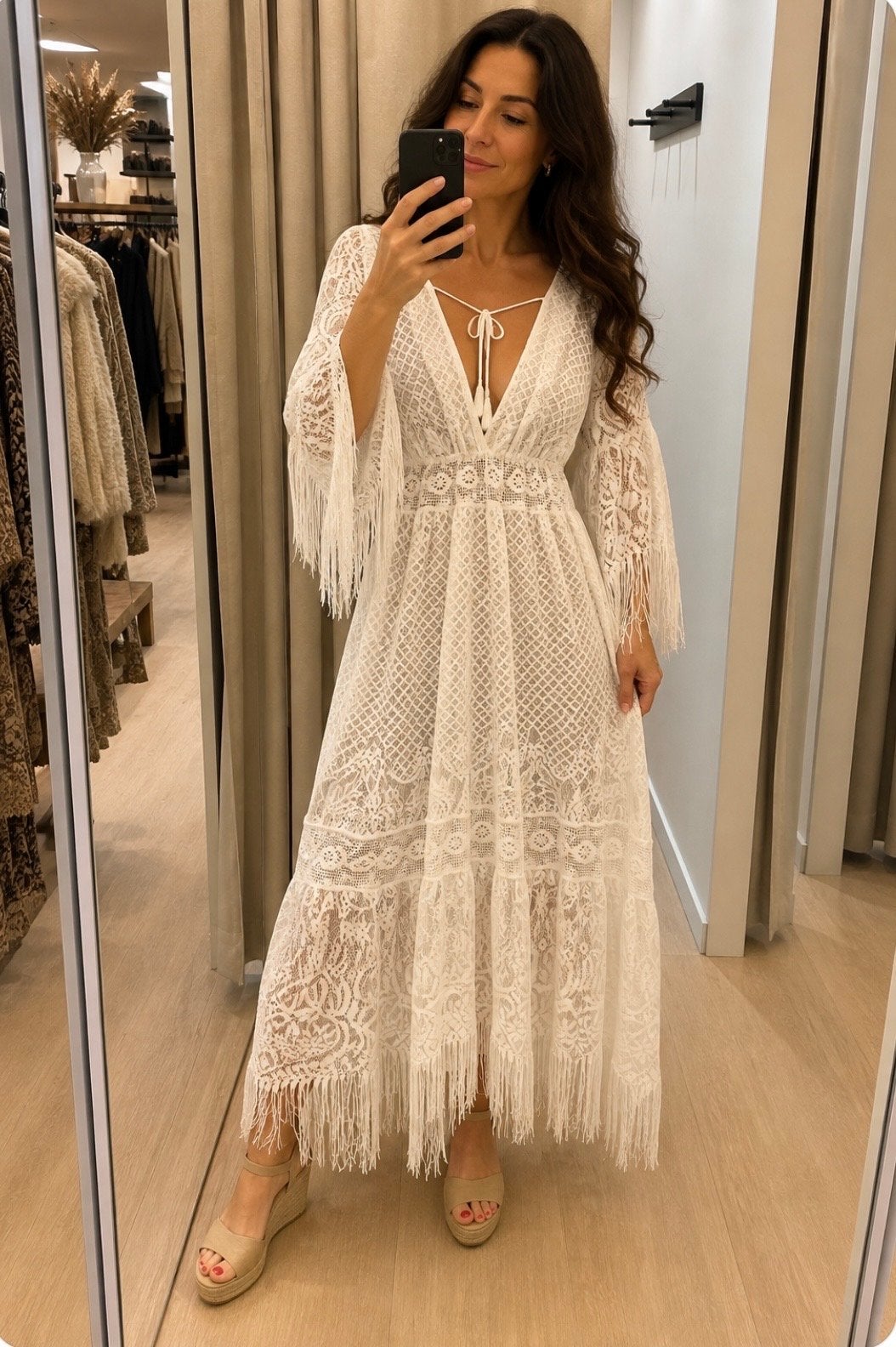 Witte Kanten Maxi Boho Jurk met Franjes 34 36 38 40, Maat 38/40 (M), Wit, Nieuw, Ophalen of Verzenden
