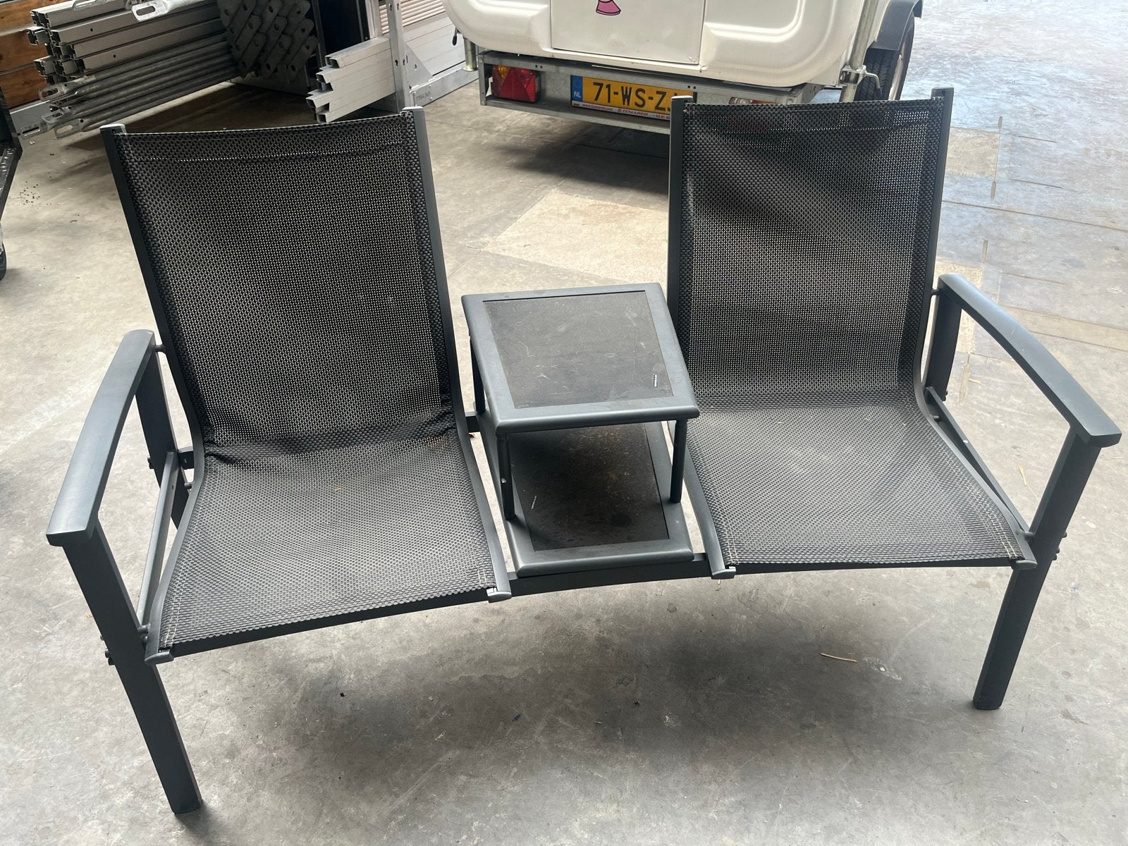 Tuinbank met tafeltje - Grijs aluminium en textileen, Tuin en Terras, Tuinbanken, Ophalen, Gebruikt, Aluminium
