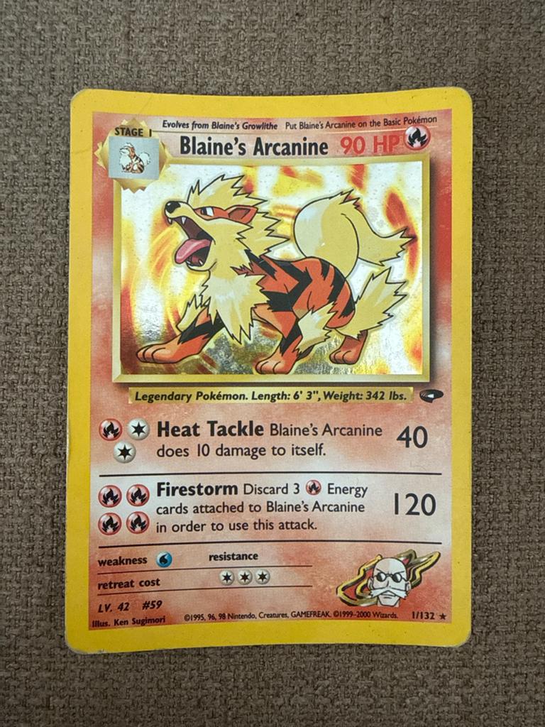 Blaine's Arcanine Holo 1/132 Gym Challenge WOTC Vintage, Ophalen of Verzenden, Gebruikt, Losse kaart, Foil