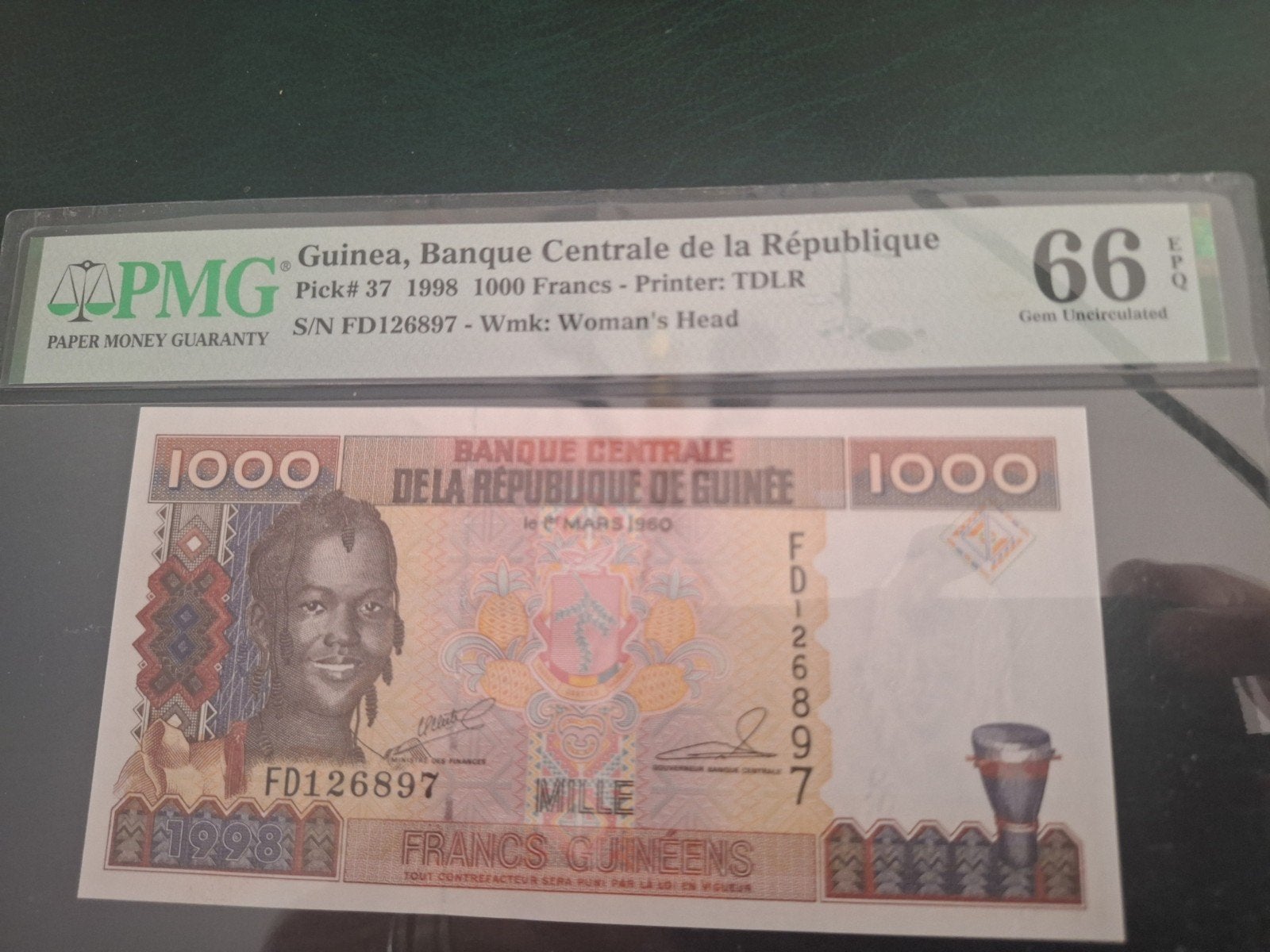 Guinee 1000 Francs 1998 PMG 66 - Zeldzaam Bankbiljet, Postzegels en Munten, Bankbiljetten | Afrika, Ophalen of Verzenden, Guinee