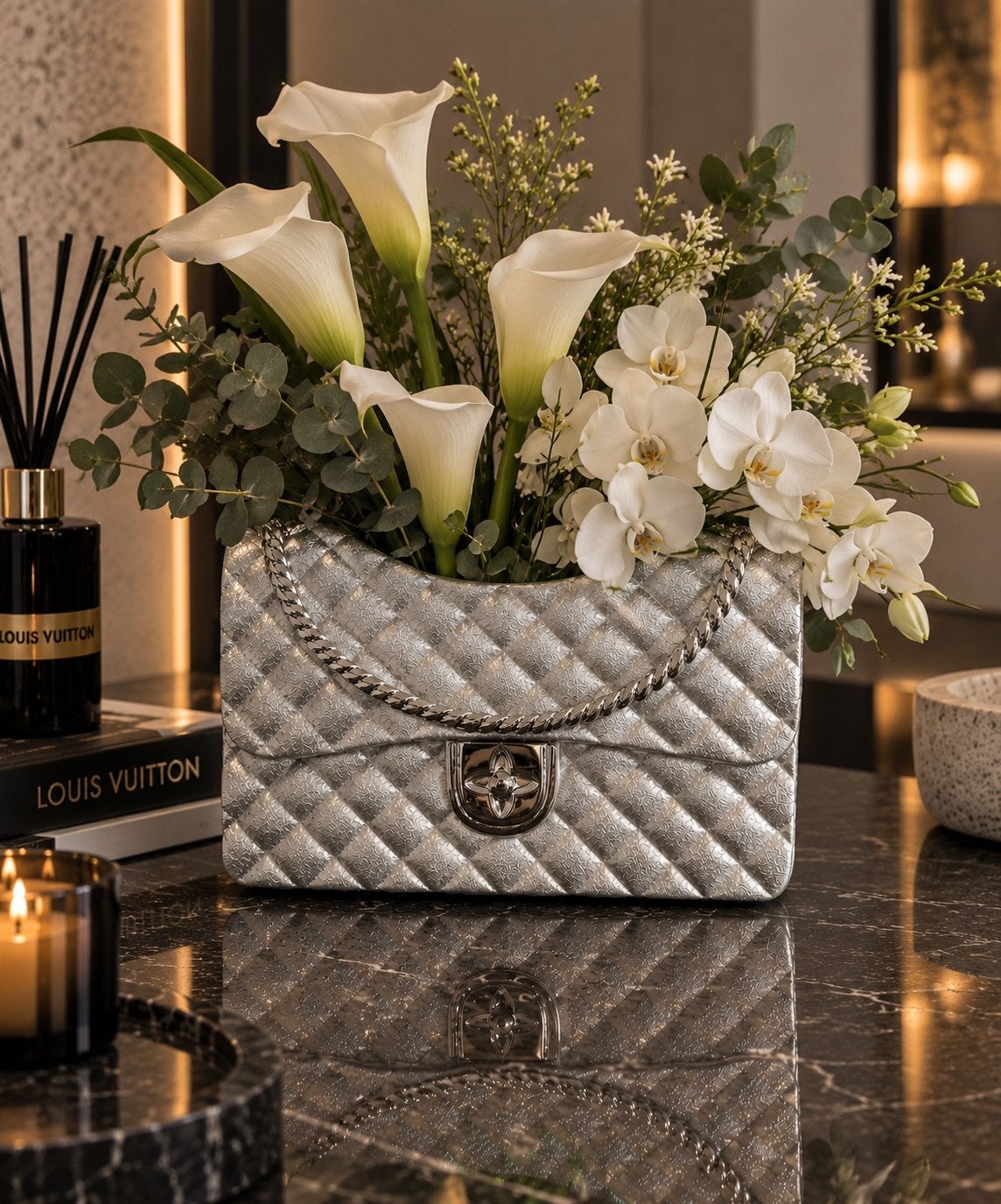 Zilveren Handtas vaas - Luxe decoratie, Overige materialen, Met patroon/structuur, Nieuw, Ophalen of Verzenden