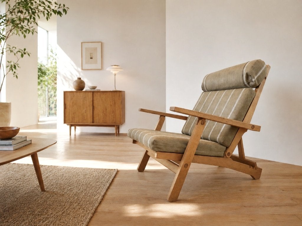 AP72 fauteuil en voetenbank van Hans J. Wegner 1975, Ophalen, Gebruikt, 75 tot 100 cm, Stof