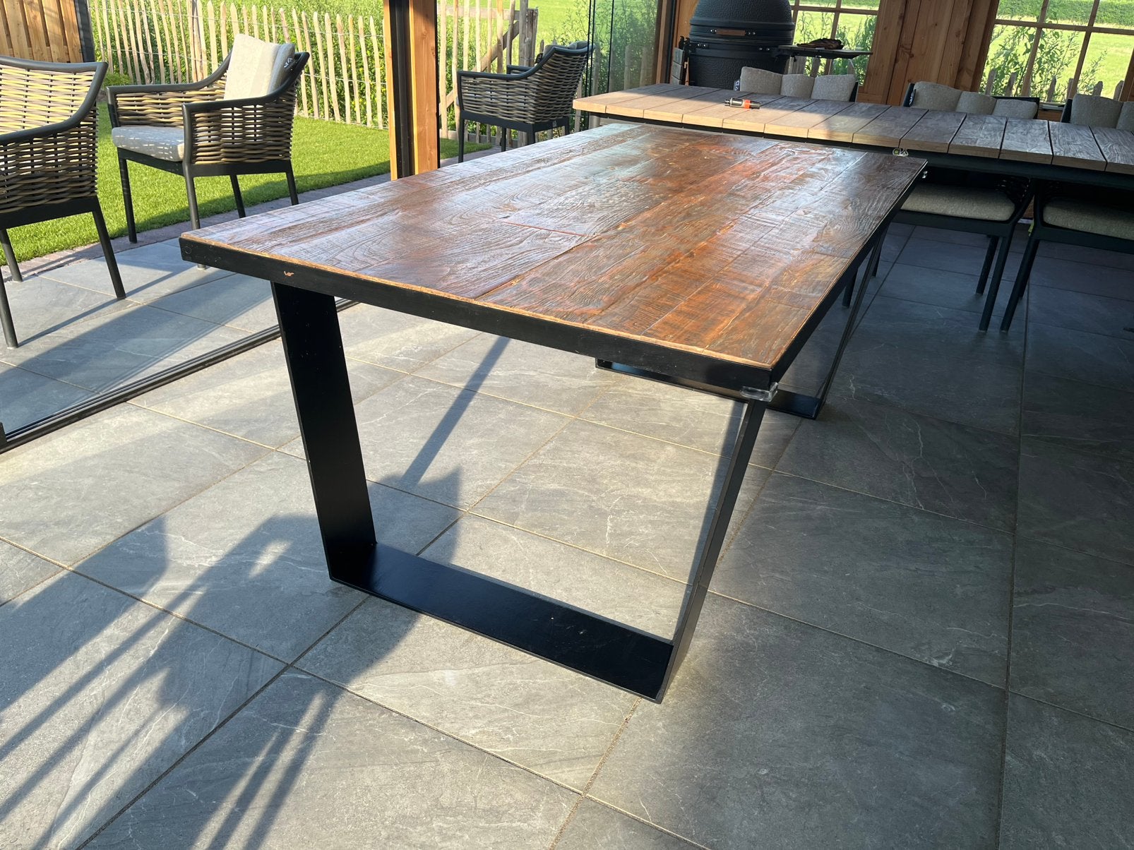 Eettafel 180x100 cm - teak & staal, Huis en Inrichting, Tafels | Eettafels, Ophalen, Teakhout, 50 tot 100 cm, Zo goed als nieuw