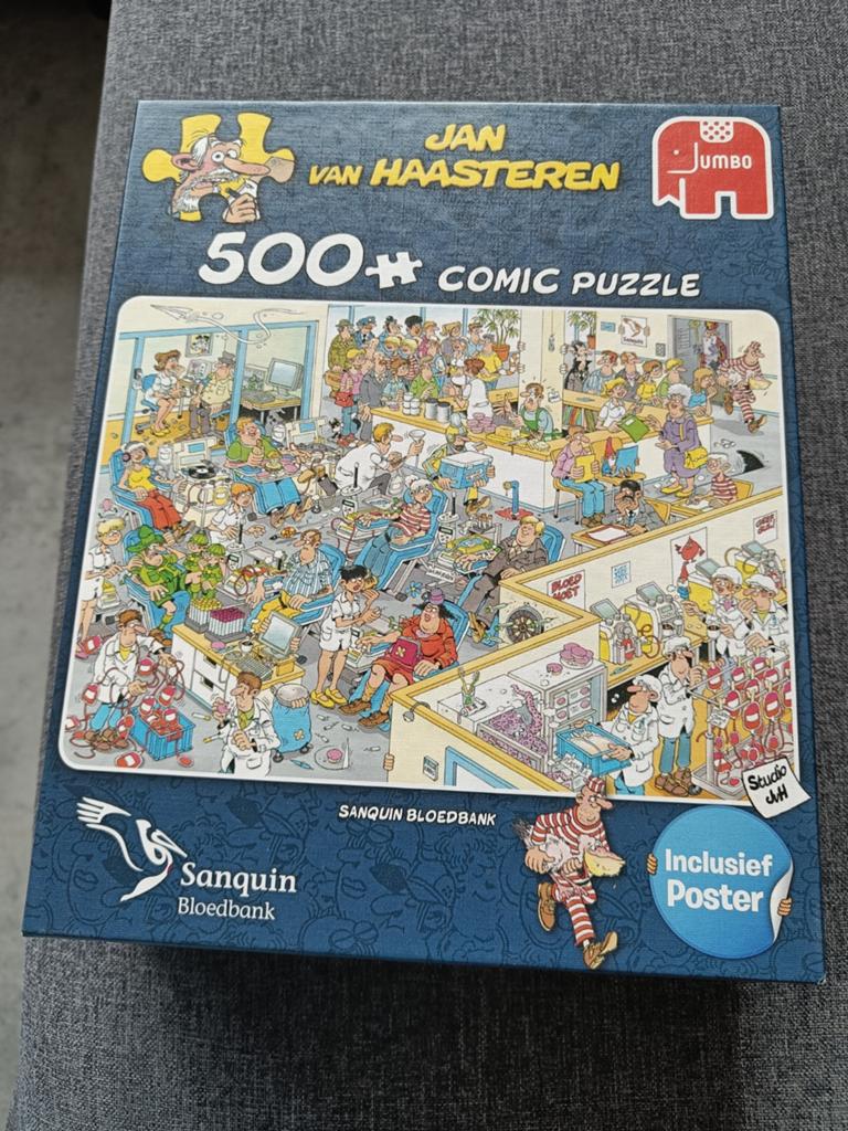 Jan van Haasteren Comic Puzzel Sanquin Bloedbank 500+, Ophalen of Verzenden, 500 t/m 1500 stukjes, Zo goed als nieuw, Legpuzzel