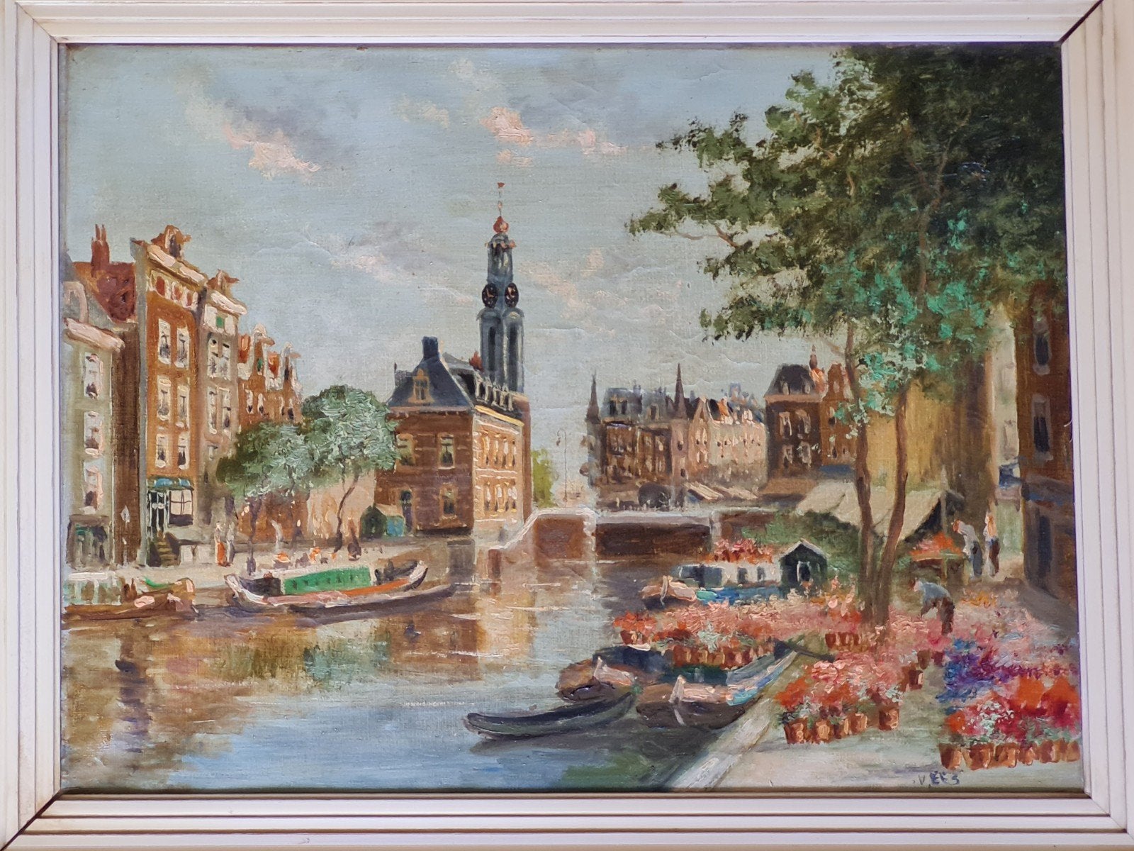 Schilderij bloemenmarkt Amsterdam, olieverf, Doek, Impressionistisch, Landschap, Olieverf